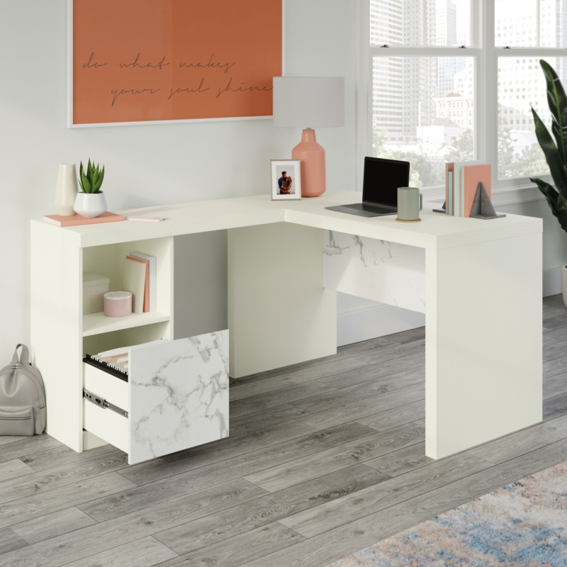 L-Shaped Desk with Open Storage and File Drawer