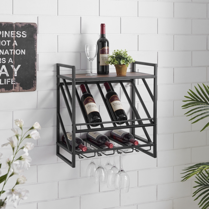 Wall-Mounted Wine Rack with Stemware Storage