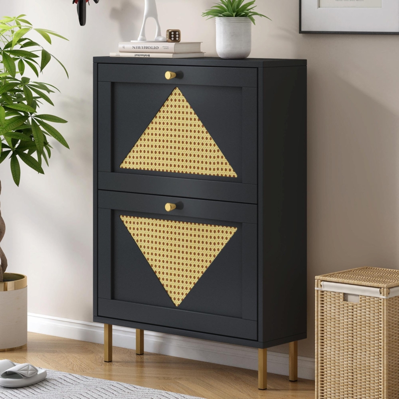 Rattan Shoe Cabinet with Gold Handle