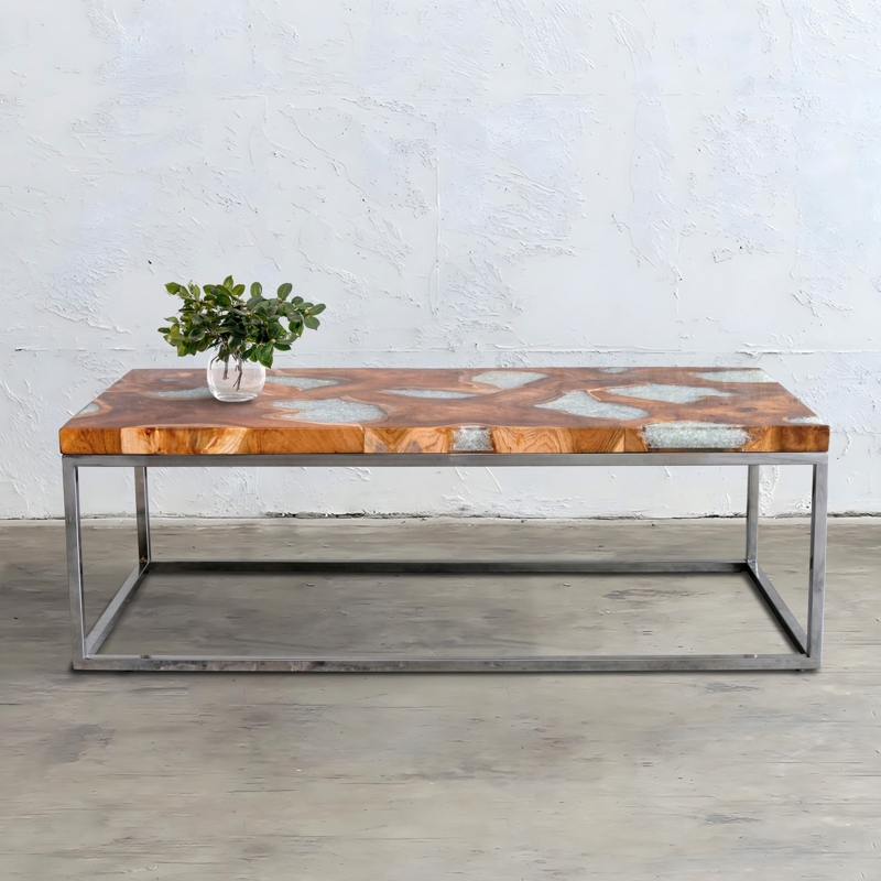 Teak Slices and Crushed Glass Resin Coffee Table