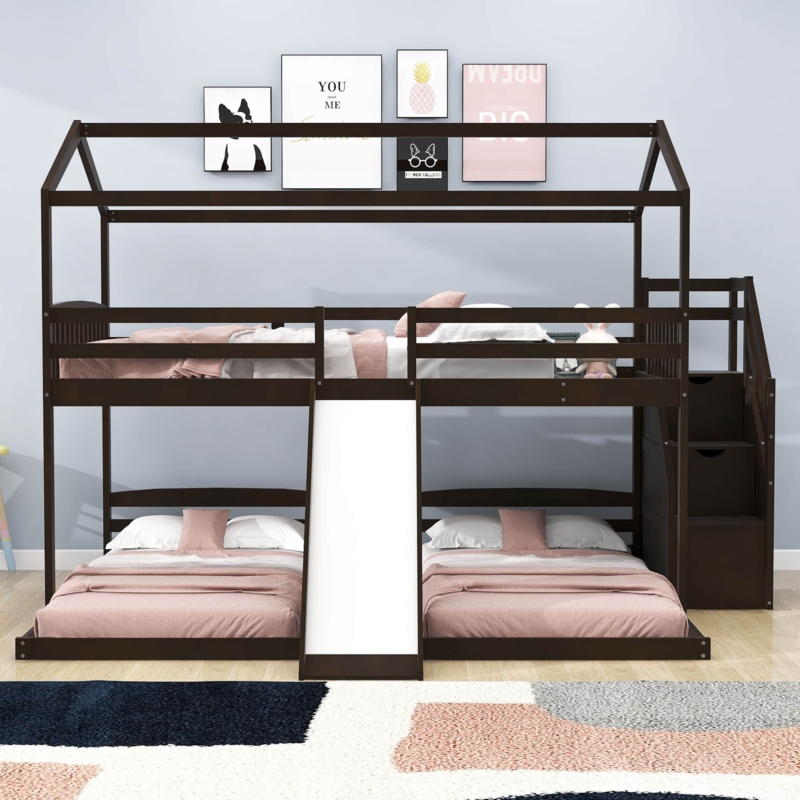 House-Shaped Bunk Bed with Slide and Storage