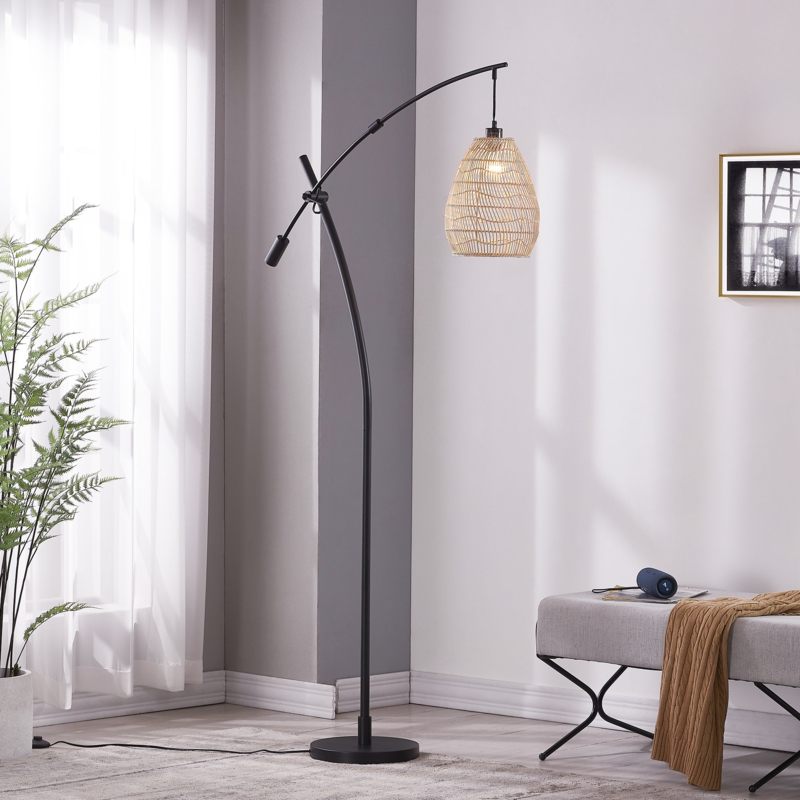 Task and Arc Floor Lamp with Rattan Lampshade