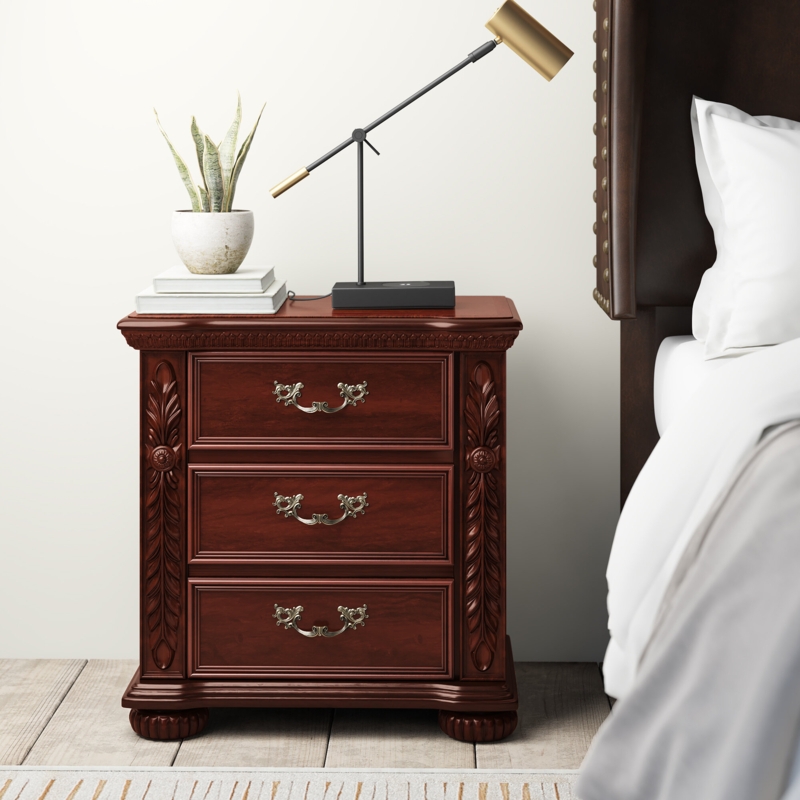 3-Drawer Leaf-inspired Nightstand in Brown Cherry