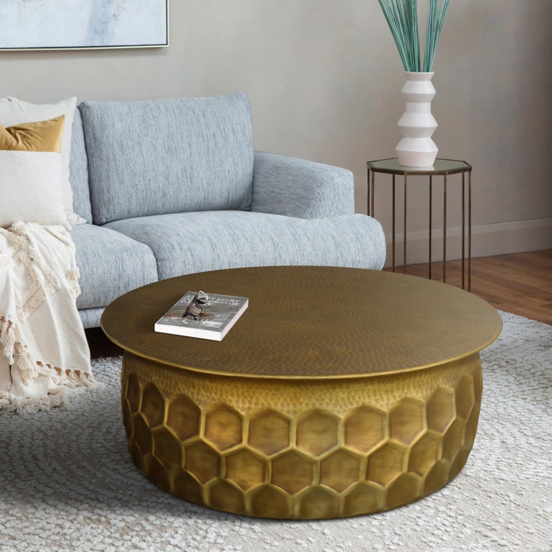 Metal Round Coffee Table with Textured Patterns