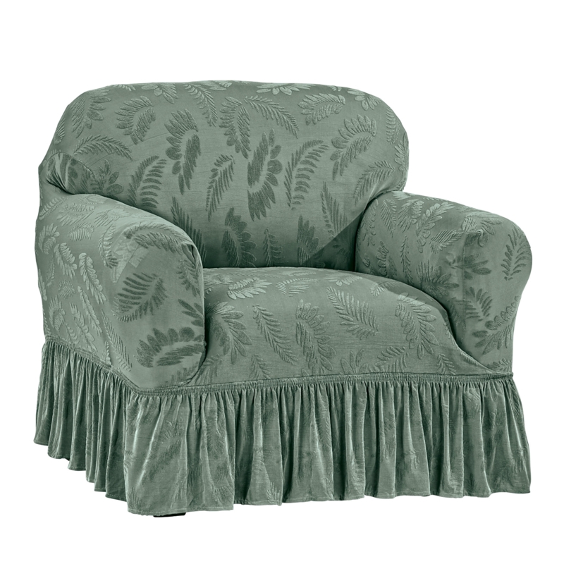 Elegant Stretch Slipcover with Leaf Design and Ruffled Skirt