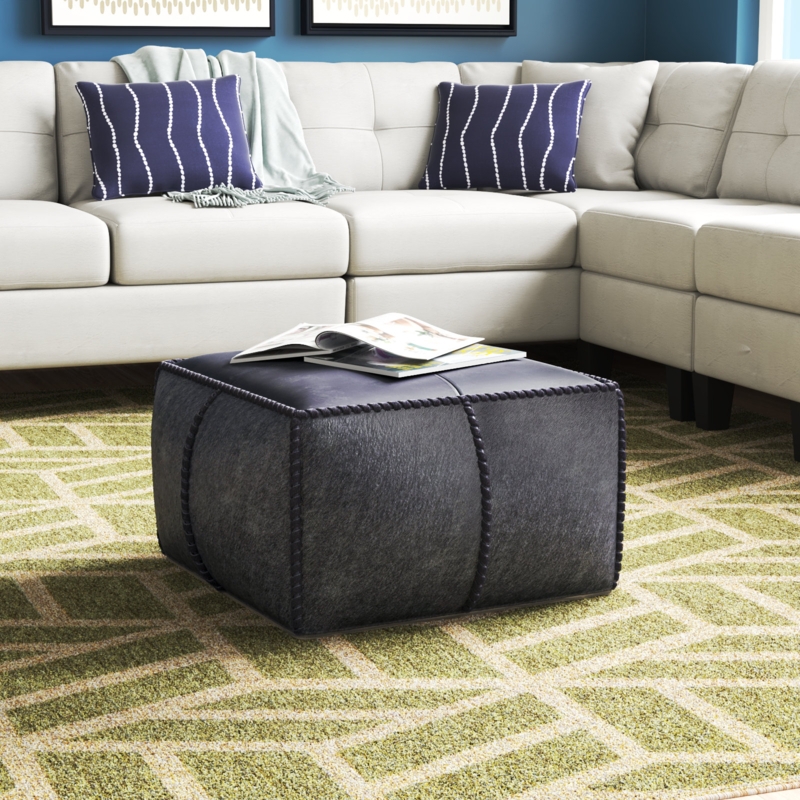 Upholstered Pouf Ottoman with Braided Edges