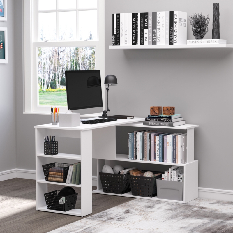 Rotating L-Shaped Desk with Multi-Tier Shelves