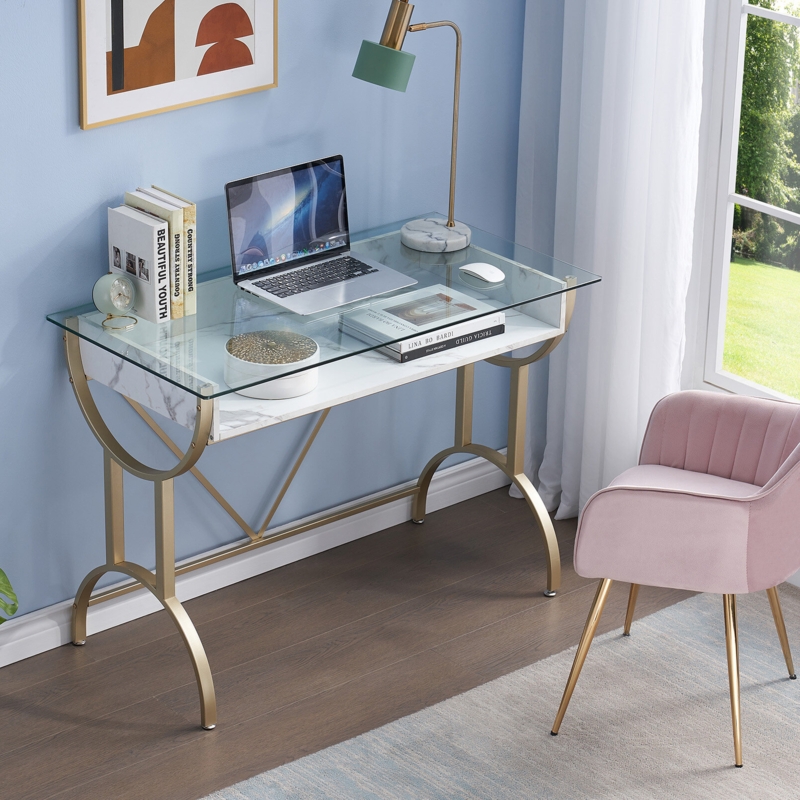 White Gold Glass-Top Desk with Curved Legs