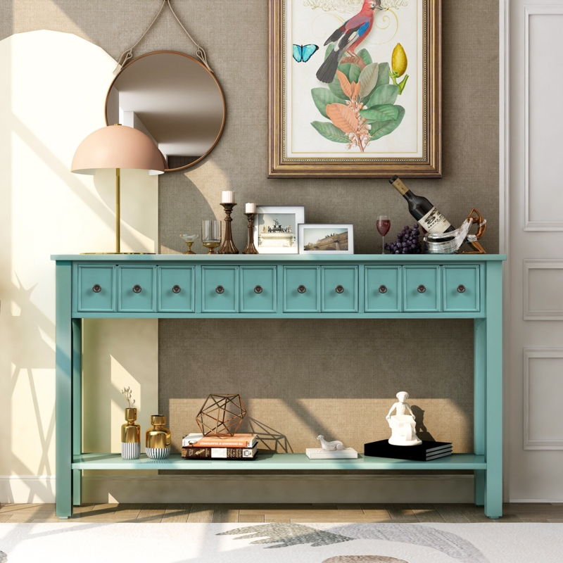Chic Colorful Console Table with Drawers and Shelf