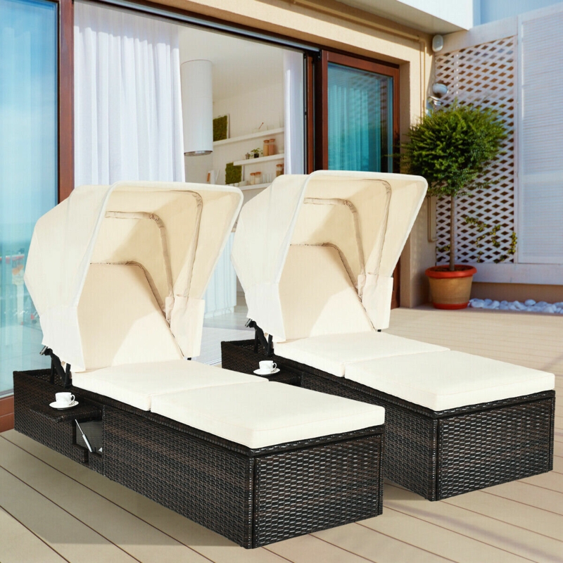 Rattan Chaise Lounge with Canopy and Table