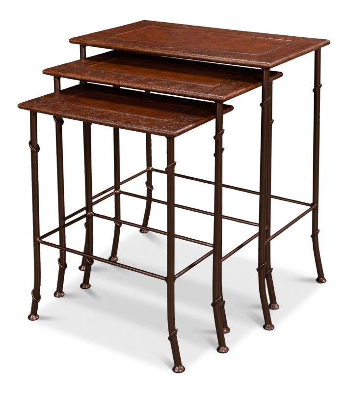 Leather 3 Piece Nesting Tables with Faux Bamboo Legs