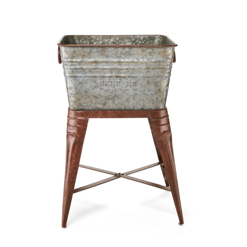 Aged Galvanized Small Square Tub with Stand