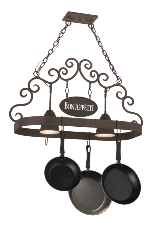 Lighted Pot Rack with Scroll Accents and Customizable Sign