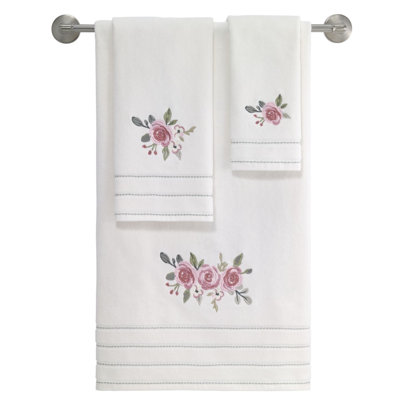 Spring Garden Hand Towel with Embroidered Peony Design