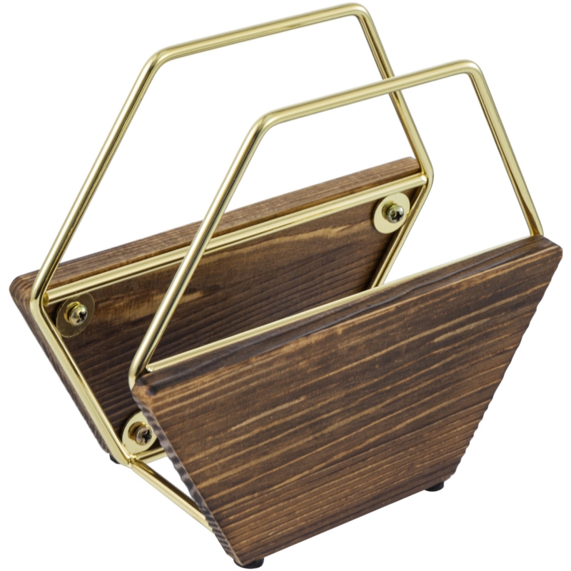 Hexagonal Napkin Holder with Brass Tone Metal Wire and Wood