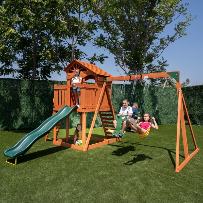 Wooden Swing Set with Climbing Features and Sandbox