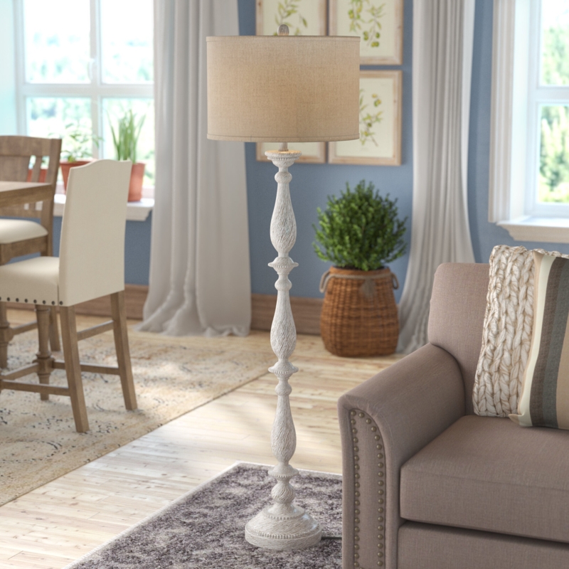 Distressed White Floor Lamp with Fabric Drum Shade