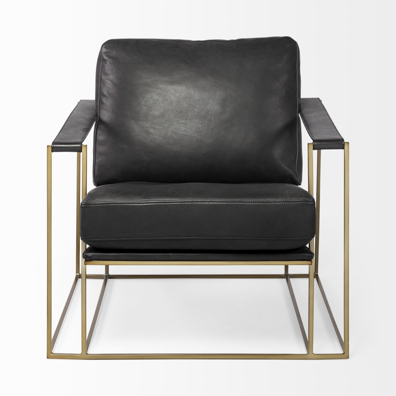 Black Leather Upholstered Armchair with Gold-Toned Frame