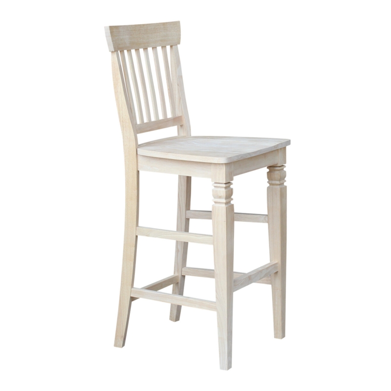 Rustic Unfinished Bar Stool with Slatted Seatback