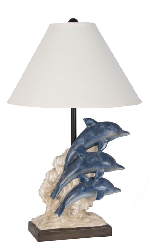 Hand-Carved 3 Tier Dolphin Sculpture with Linen Shade