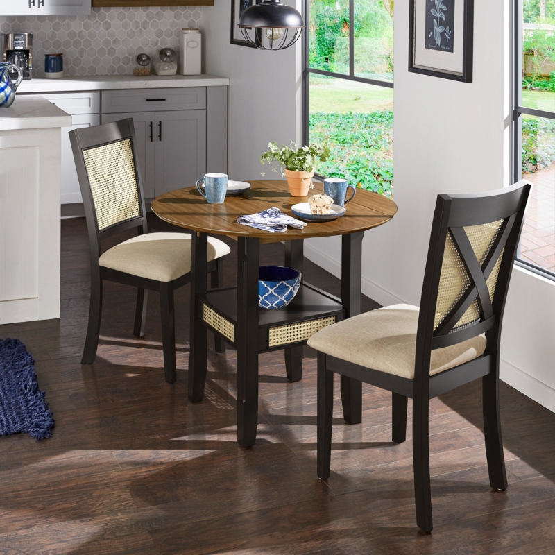 Round Top Dining Table with 2-Drop Leaves and Cane Accent