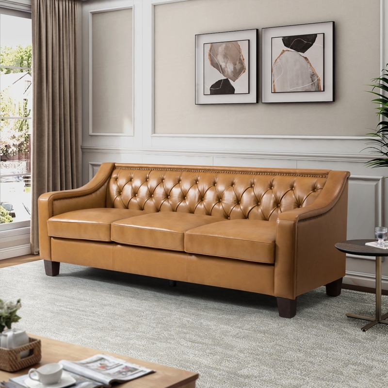 Genuine Leather Sofa with Button Tufting