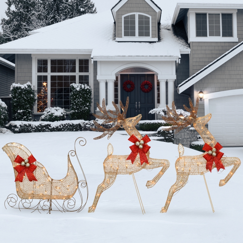 Lighted Metal Santa's Sleigh and Reindeer Set