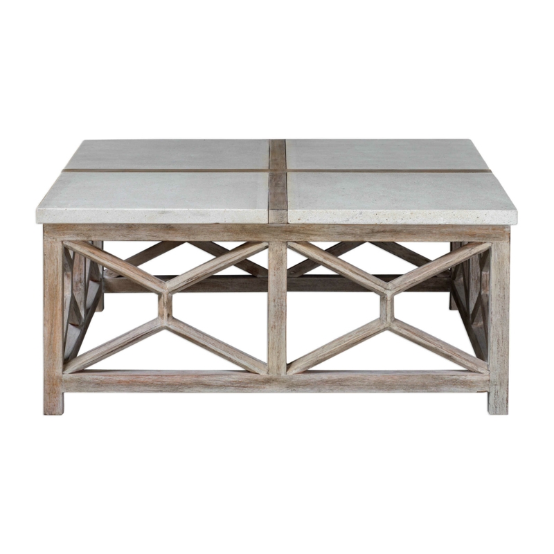 Mixed Wood and Limestone Geometric Side Table