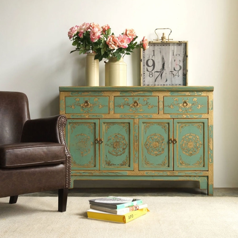 Retro Hand-Painted Gold Flower Side Cabinet