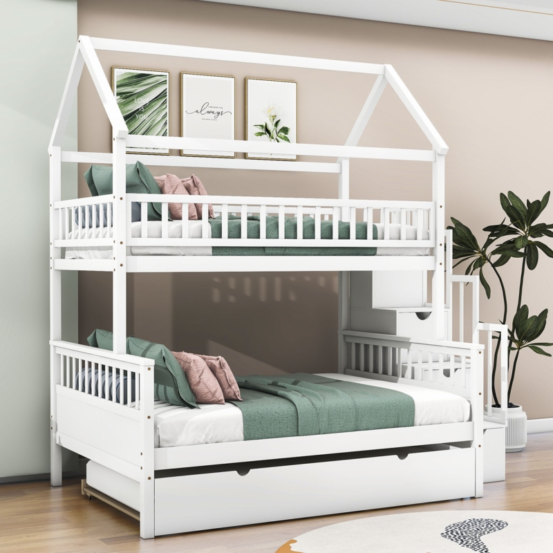 Wood Bunk Bed with Trundle and Storage Steps