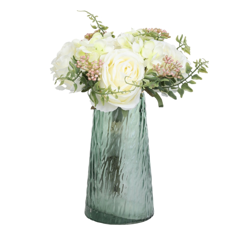 Artificial White Roses Arrangement and Hammered Glass Vase