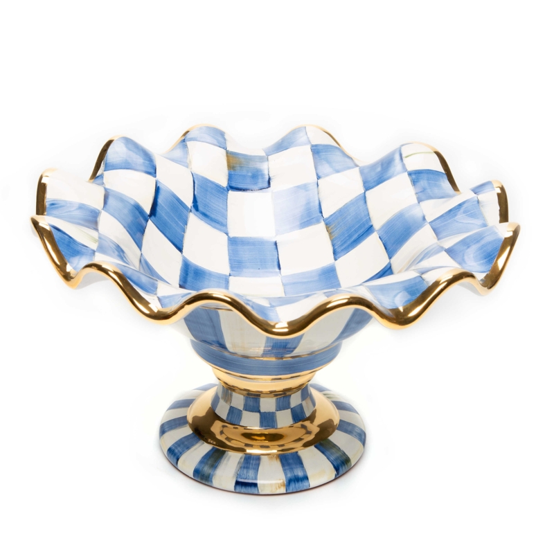 Hand-Painted Footed Compote with Blue Checks