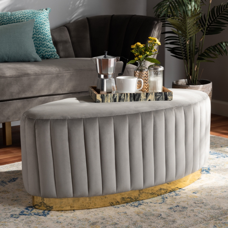 Velvet Channel-Tufted Ottoman with Gold-Tone Base