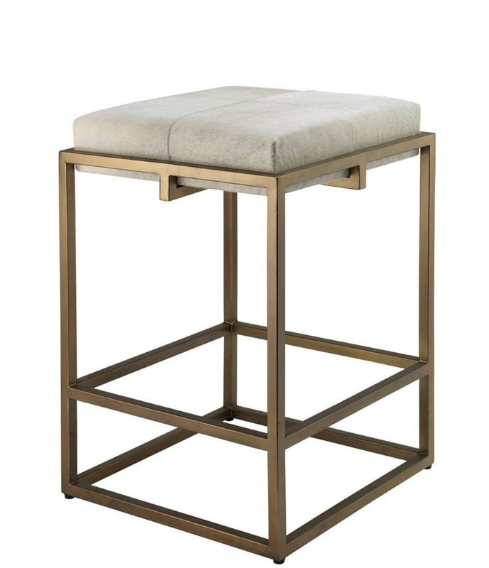 Art Deco-Inspired Bar Stool with White Hide Cushion