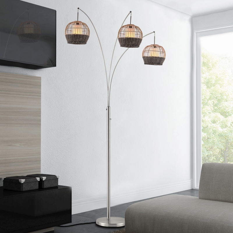 Brushed Nickel Arc Floor Lamp with Rattan Shades