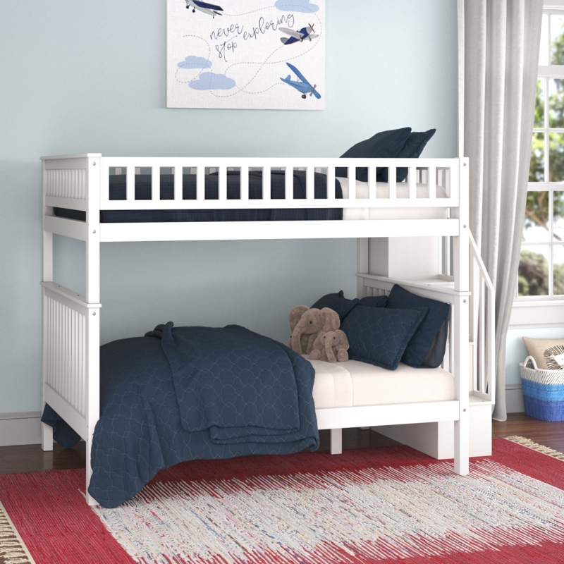 Solid Wood Bunk Bed with Stairs and Bookcase