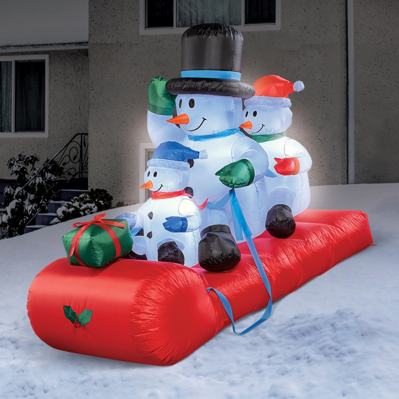 Inflatable Smiling Snowman Family on Sled