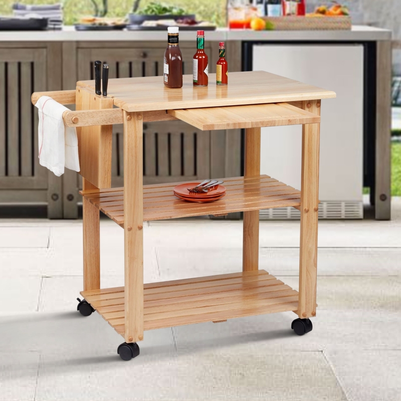 Wooden Kitchen Cart with Storage and Wheels