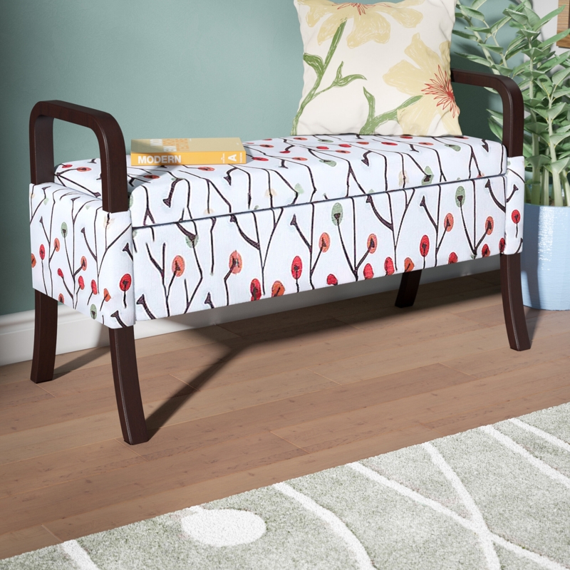 Upholstered Storage Bench with Abstract Floral Print