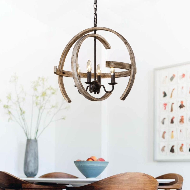 4-Light Globe Chandelier with Wooden Accents
