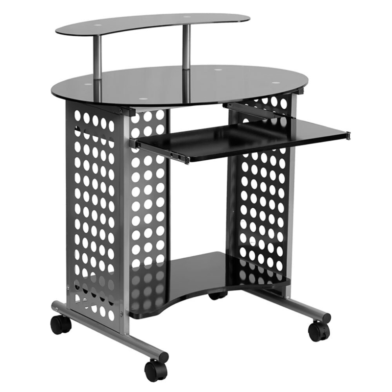 Glass Computer Workstation with Raised Shelf