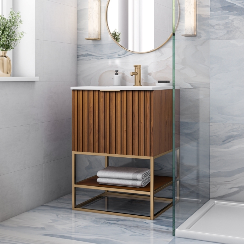 Fluted Design Bathroom Vanity with Storage Shelf