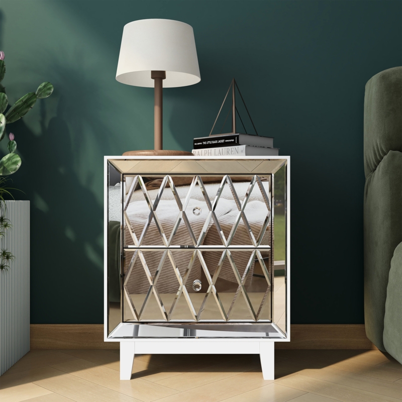 Mirrored 2-Drawer Nightstand with Crystal Pulls