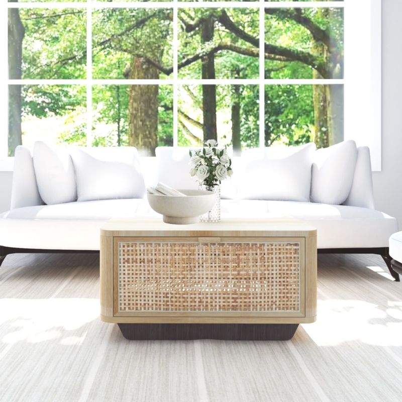 Natural Wood Coffee Table with Woven Cane Storage
