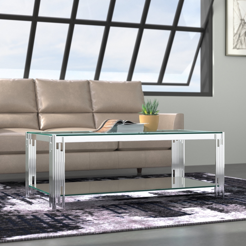 Glam Coffee Table with Mirrored Glass Shelf