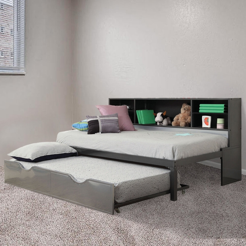 Metal Bookcase Bed with Rolling Trundle