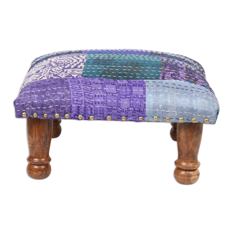 Embroidered Patchwork Footstool with Wood Legs