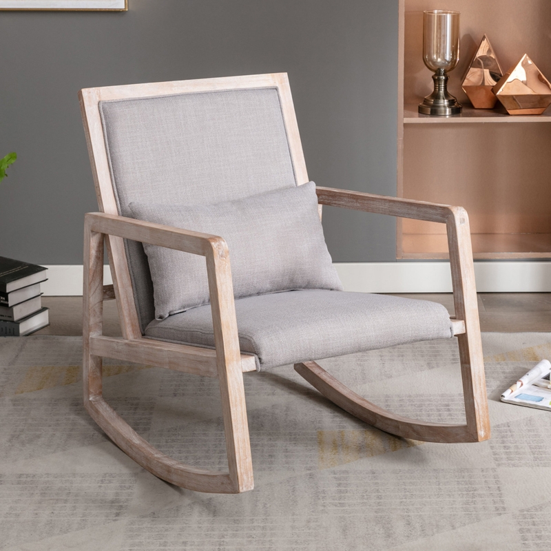 Solid Wood Linen Fabric Rocking Chair with Lumbar Pillow