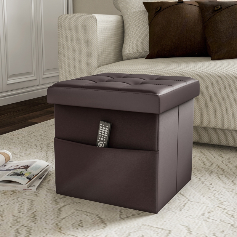 Faux Leather Folding Ottoman with Pocket