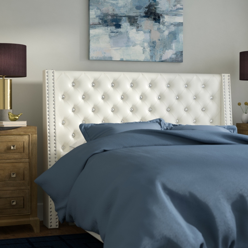 Upholstered Wing-Back Headboard with Nail-Head Trim